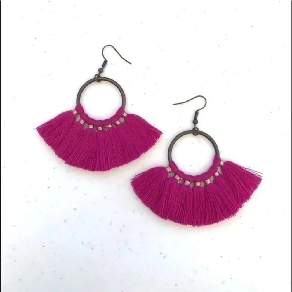 Big Fuchsia Boho Bronze Fan Tassel Earrings NWT